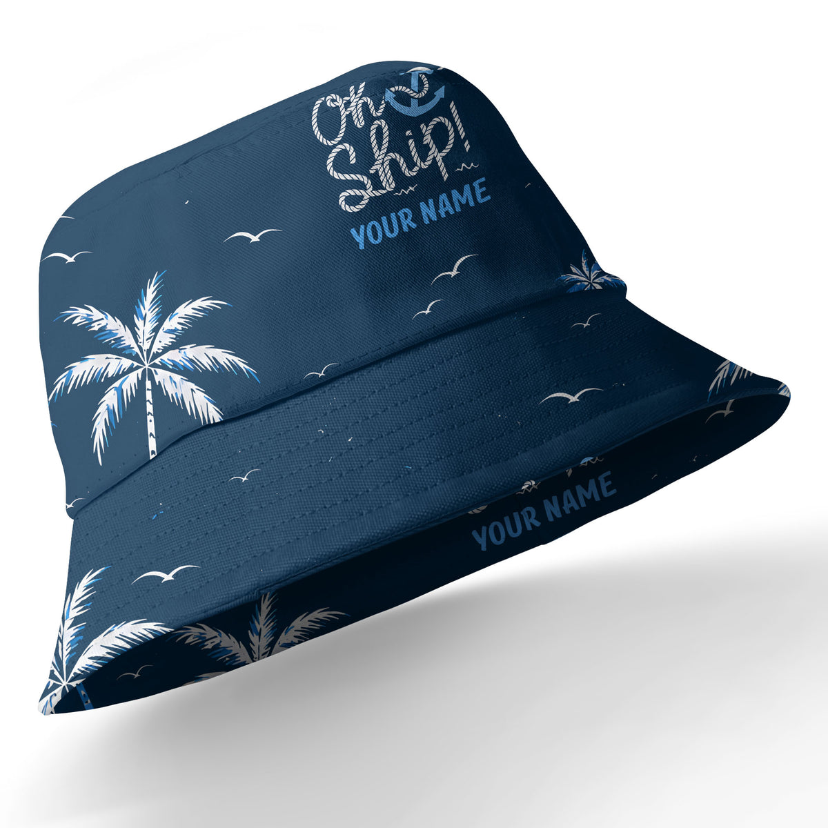 oh ship palm trees hibiscus navy blue watercolor hawaiian shirt for men