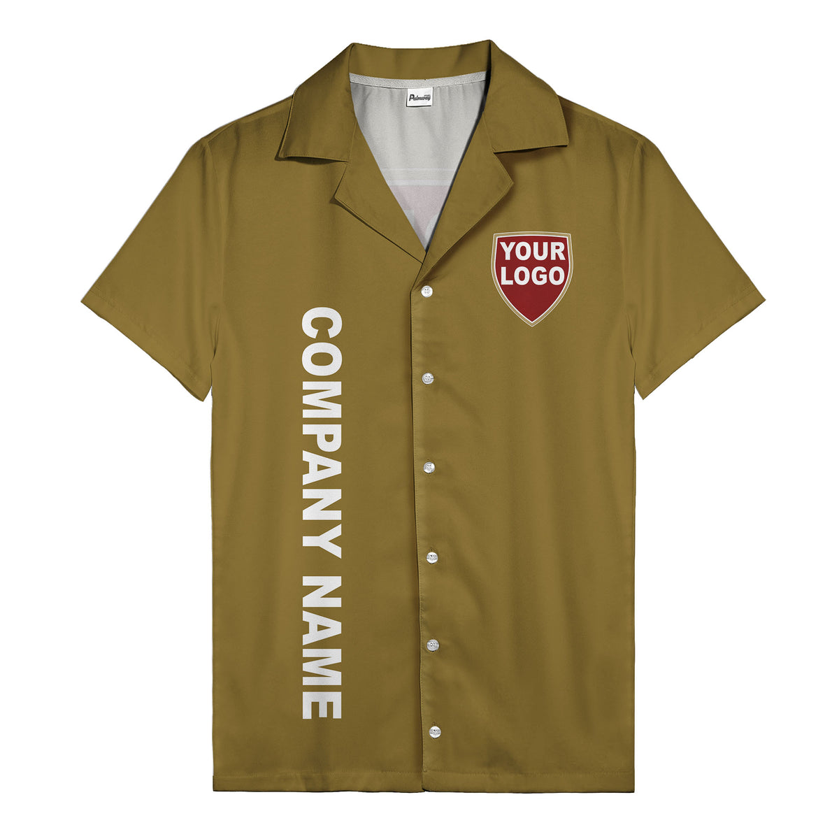 shield logo & vertical text customizable corporate hawaiian shirt