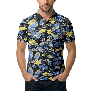 tropical floral hawaiian paradise flowers leaves plants black yellow blue green illustrated polo shi polo shirt