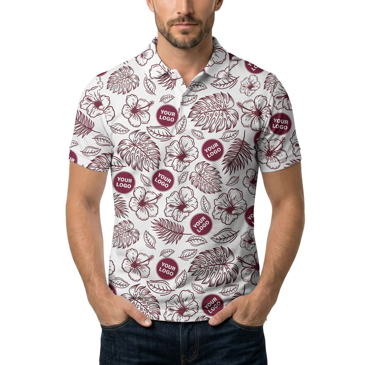 tropical illustrated floral leaves polo shirt for vacation vibes