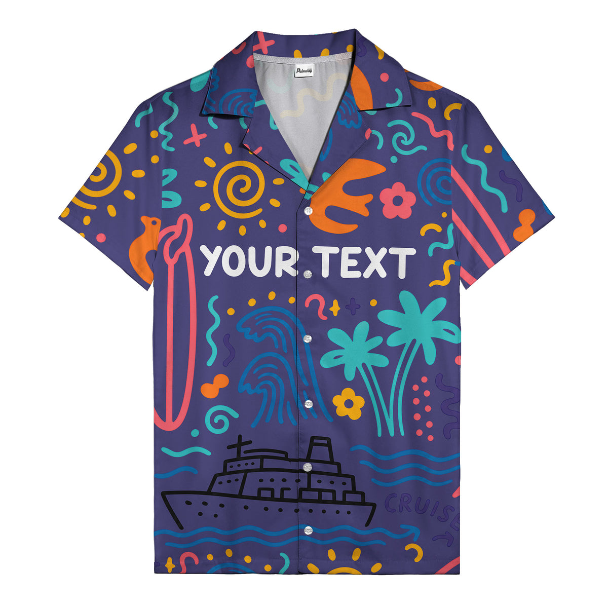 cartoon cruise ship palm trees surfboards wave hawaiian shirt