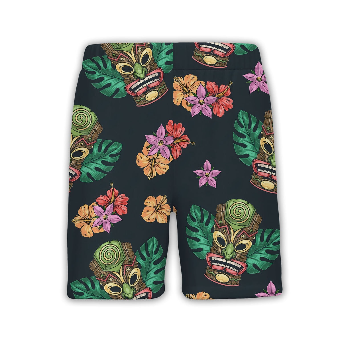 Colorful Tiki Mask Hawaiian Shirt with Hibiscus on Charcoal Grey
