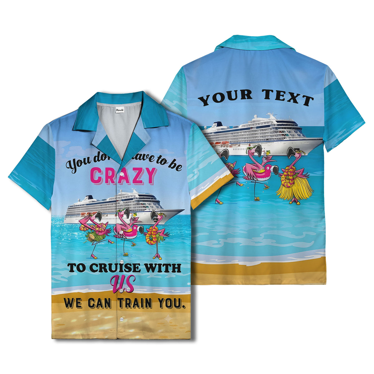 cruise ship & flamingo beach scene cartoon hawaiian shirt