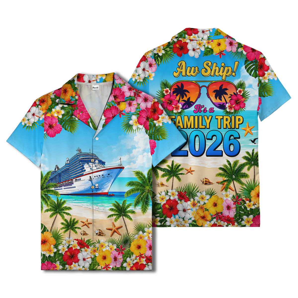 cruise ship hibiscus palm beach scene hawaiian shirt for men