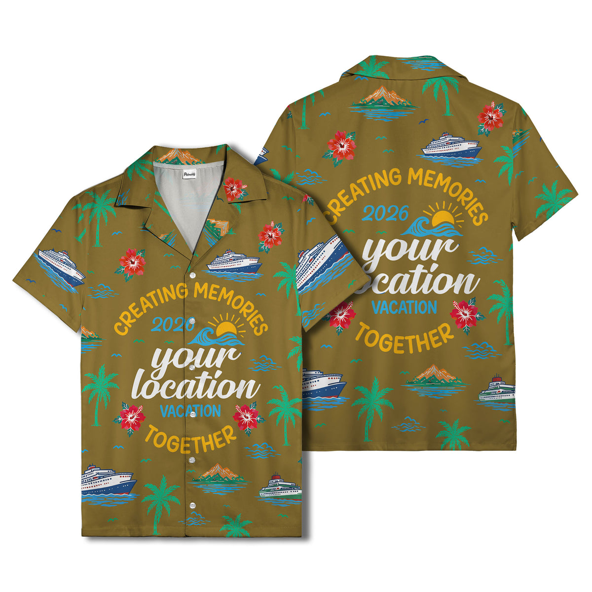 cruise ship & palm fronds watercolor vacation memories hawaiian shirt