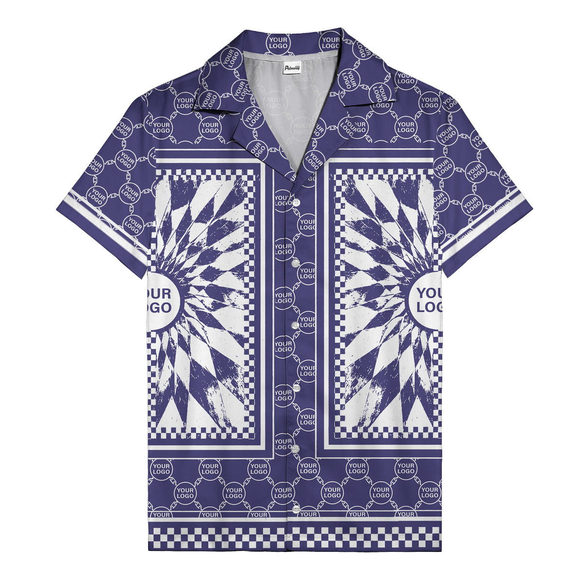 geometric palm leaves checkerboard border hawaiian shirt for men