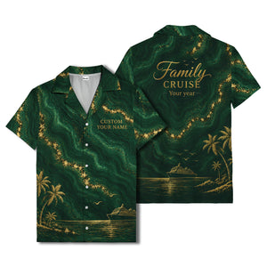 gold palm trees over emerald ocean waves cruise ship hawaiian shirt
