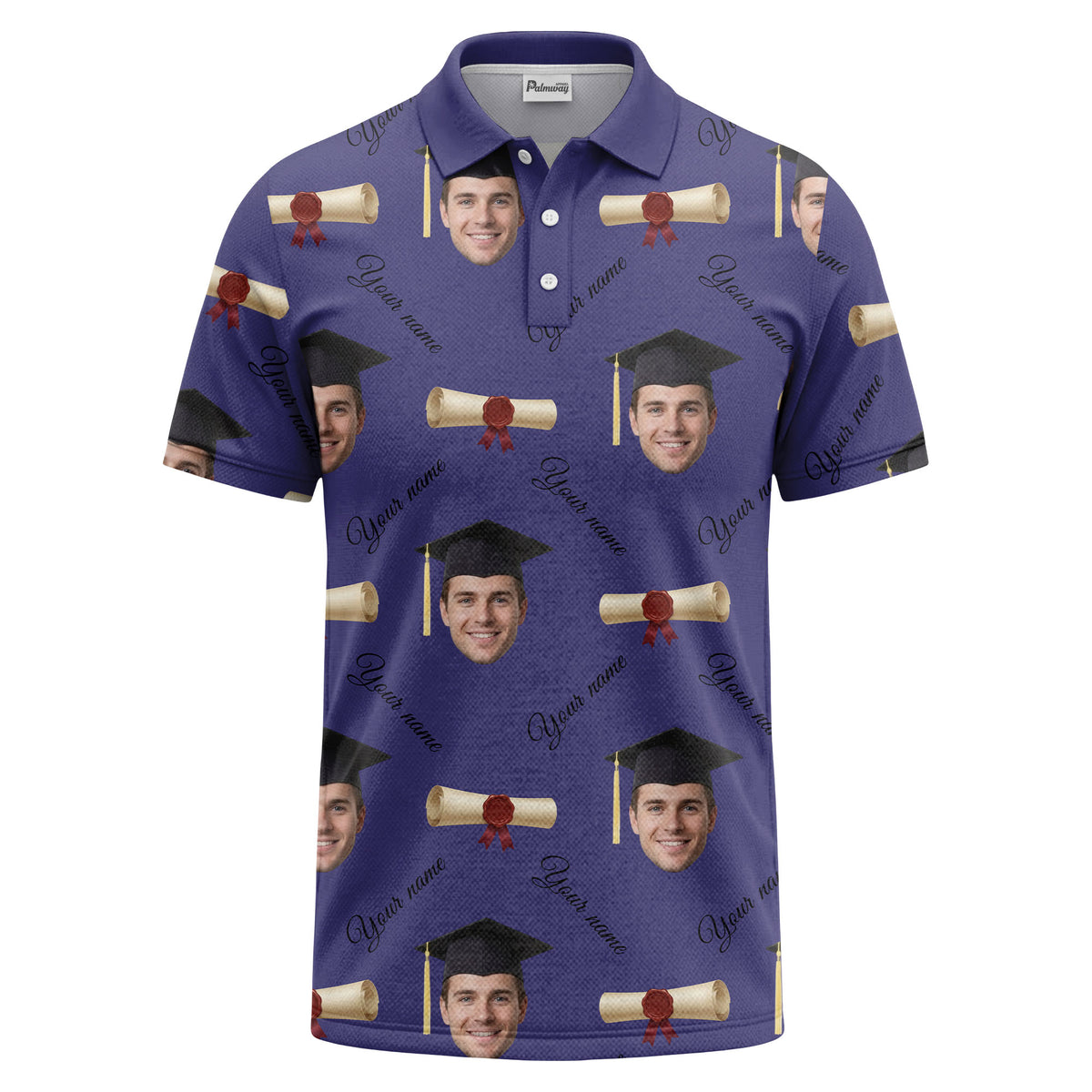 graduation caps & diploma scrolls over personalized faces polo shirt