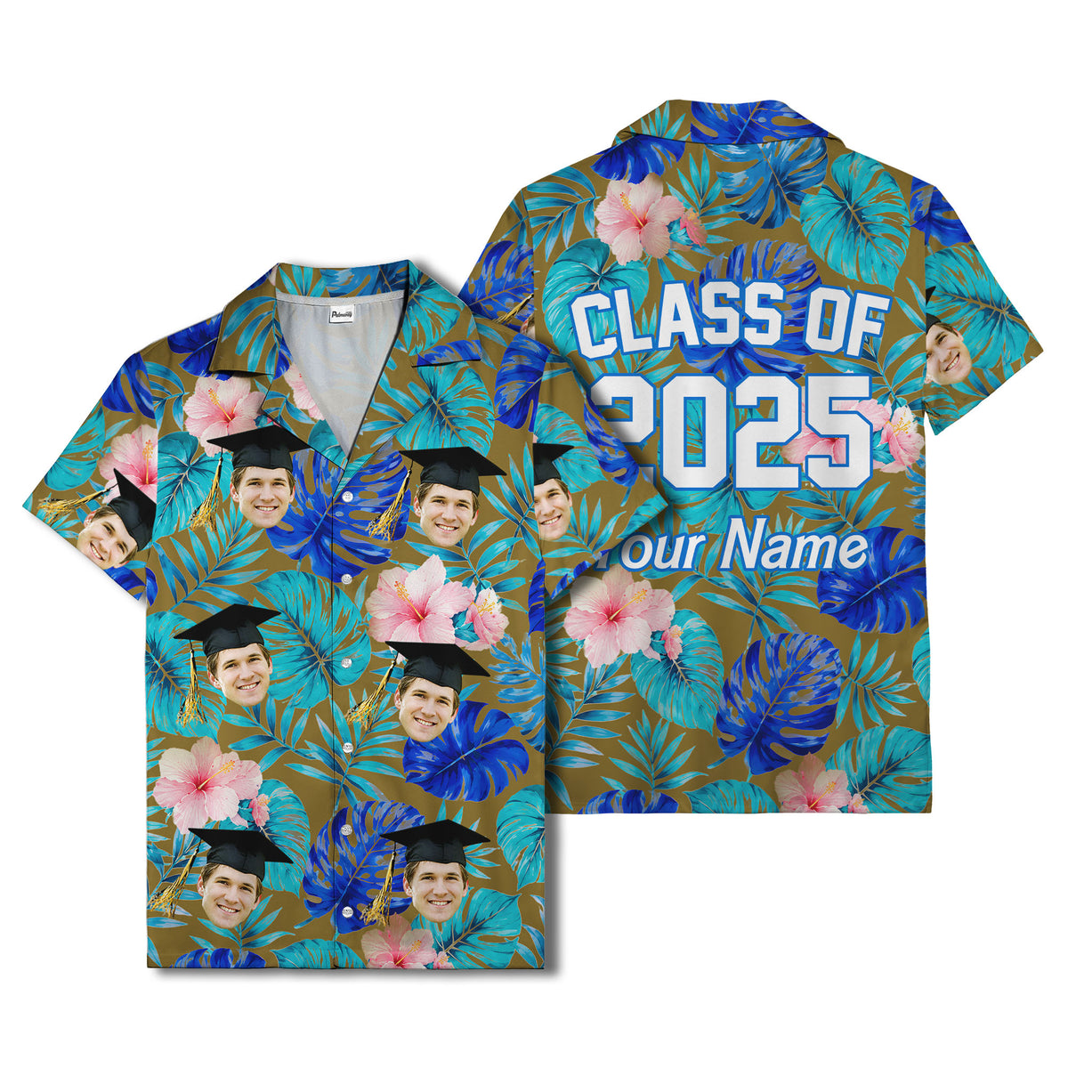 graduation caps tossed over hibiscus blooms on monstera hawaiian shirt
