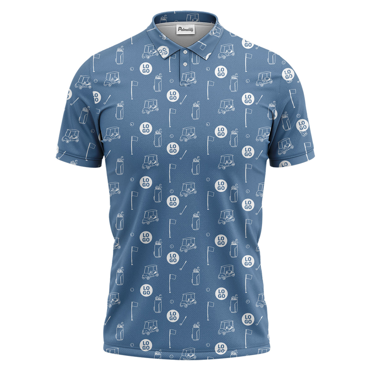 illustrated golf carts & clubs repeating on dark gray hawaiian polo shirt for men