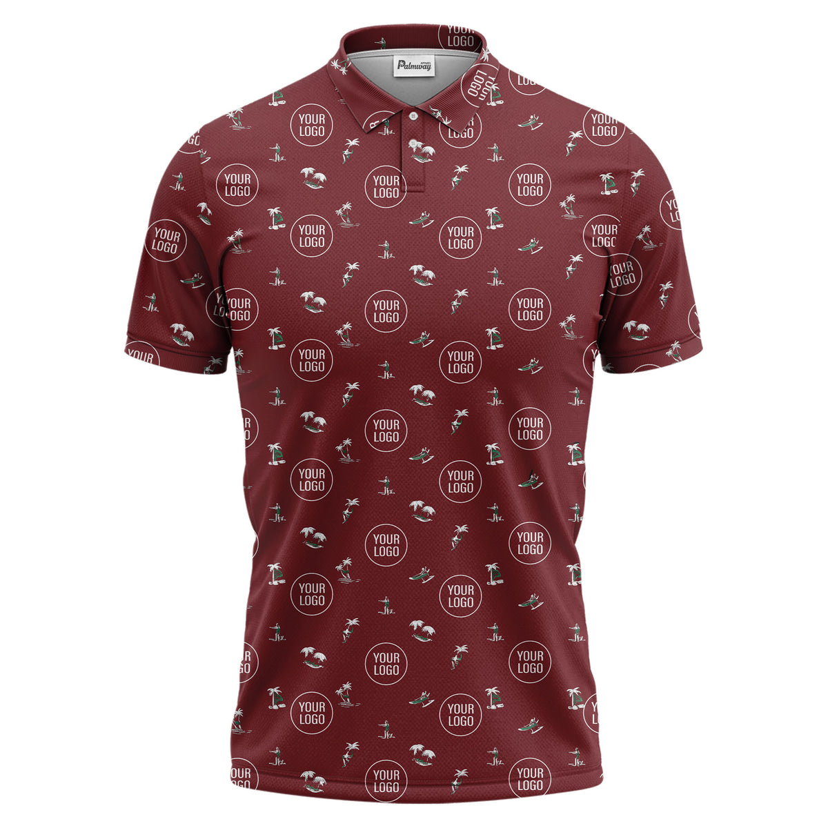illustrated purple tropical island palm trees surfboards polo shirt for men