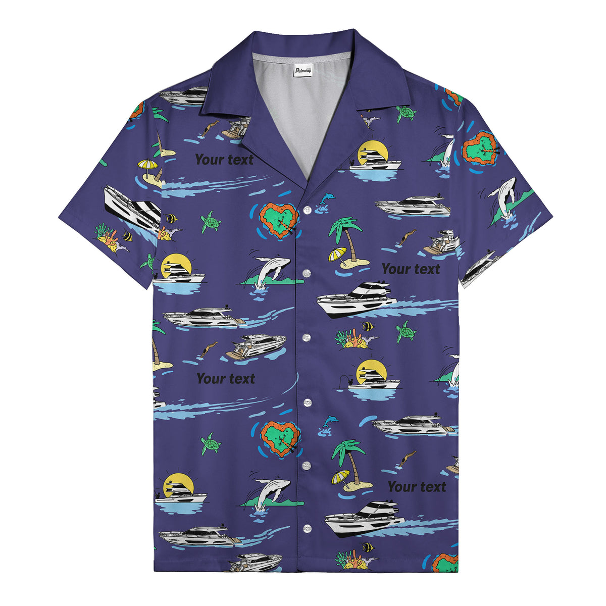 luxury yacht & heart-shaped island cartoon hawaiian shirt
