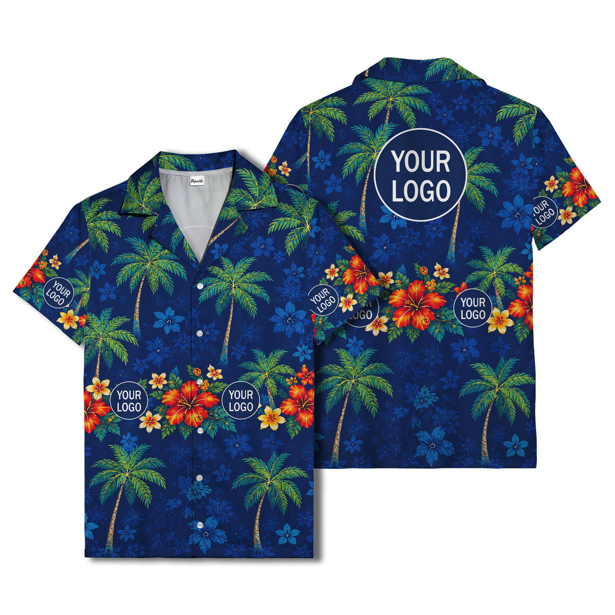 navy blue watercolor palm trees & hibiscus aloha hawaiian shirt