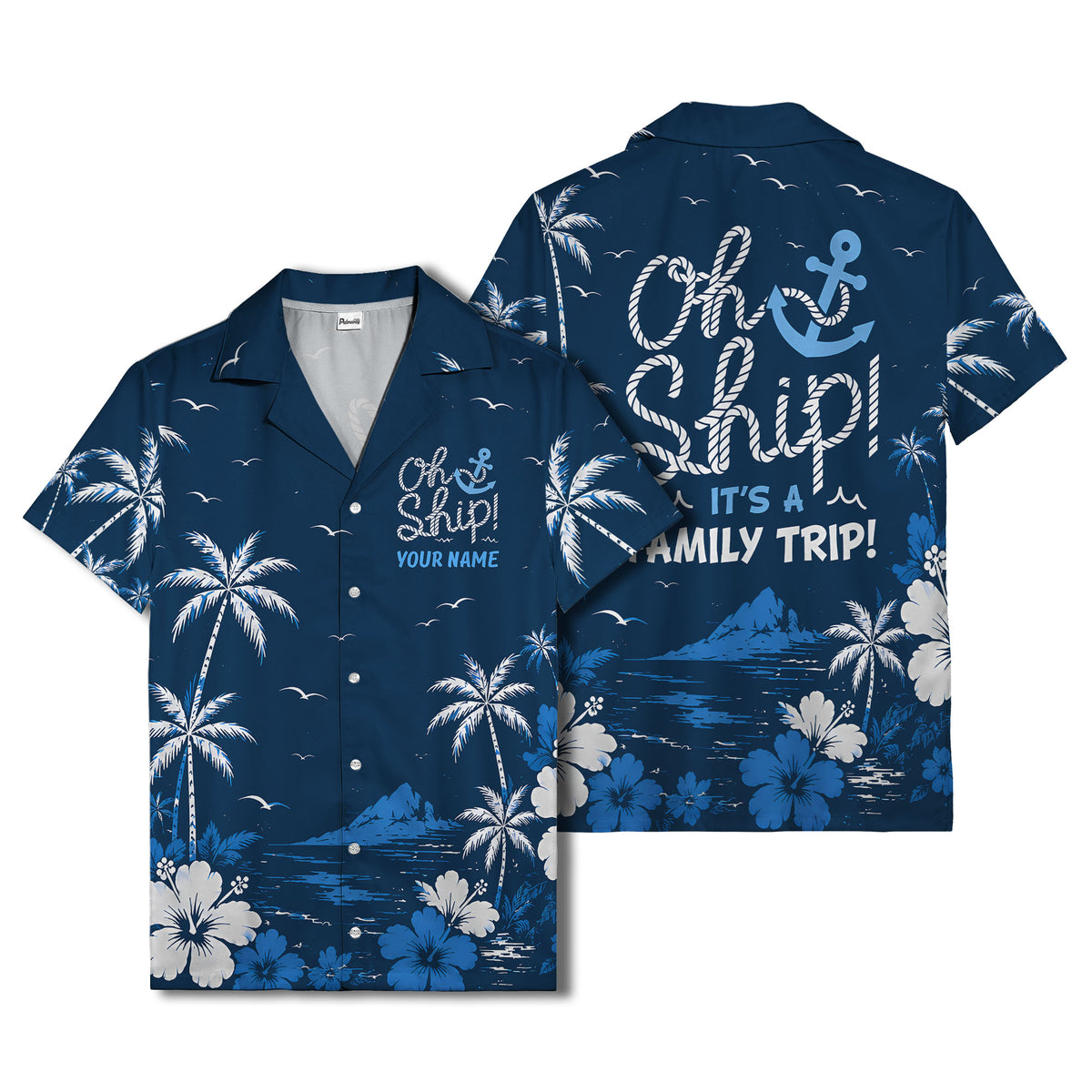 oh ship palm trees hibiscus navy blue watercolor hawaiian shirt for men