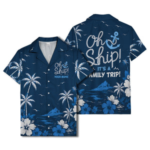 oh ship palm trees hibiscus navy blue watercolor hawaiian shirt for men