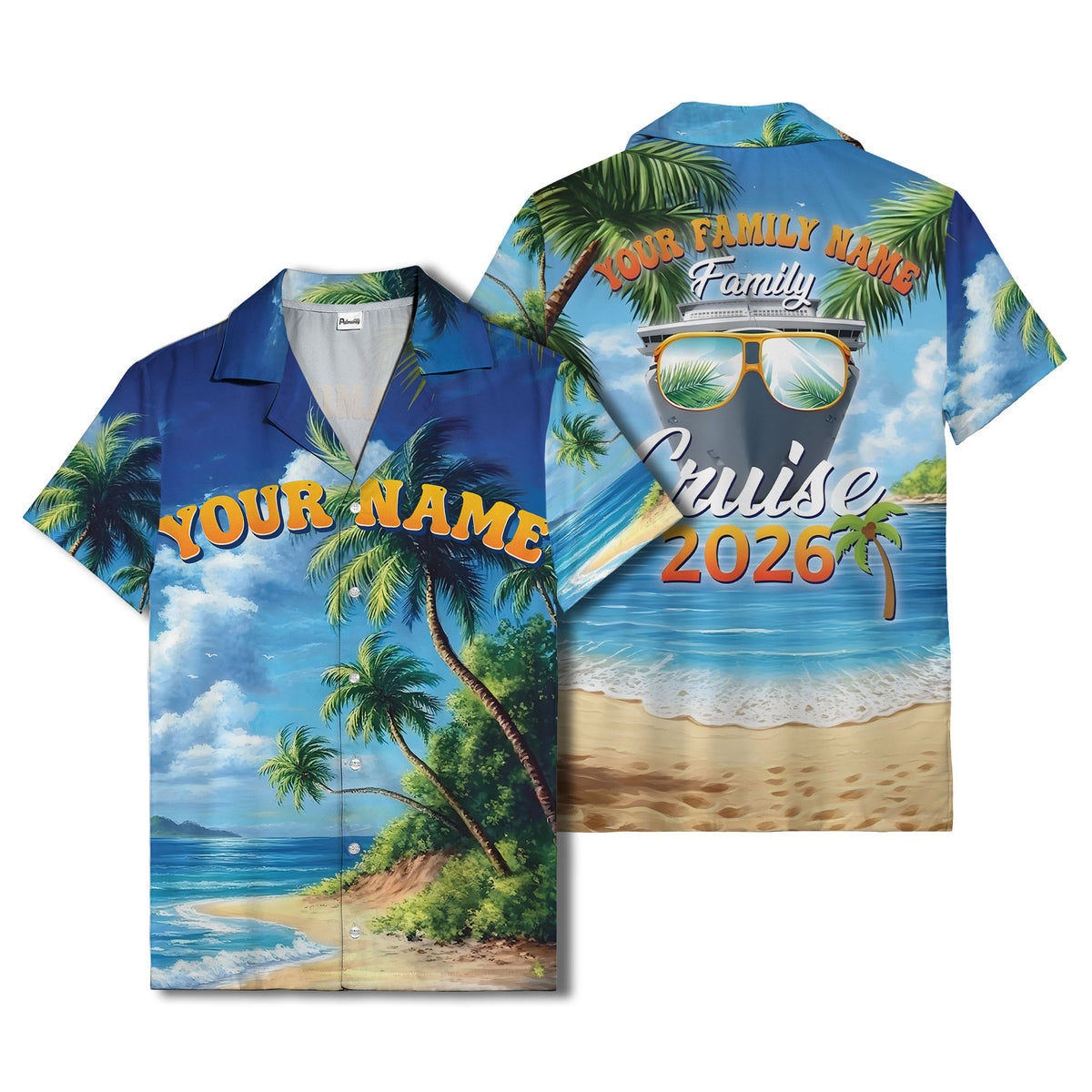 palm trees over ocean waves photorealistic hawaiian shirt