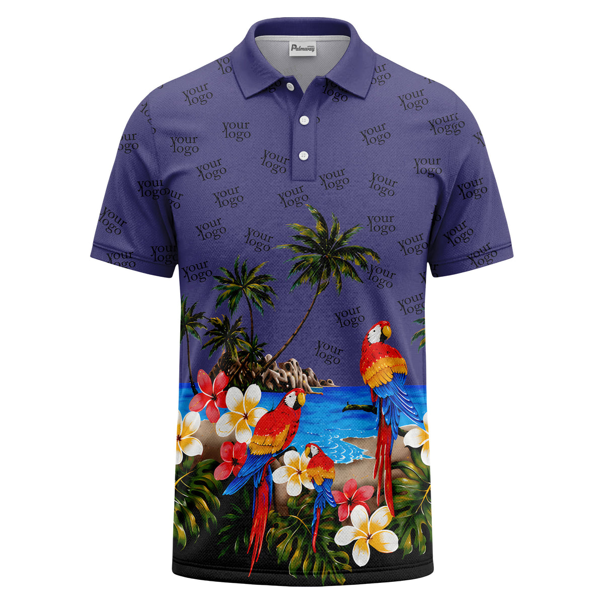 parrot palm plumeria beach watercolor polo shirt