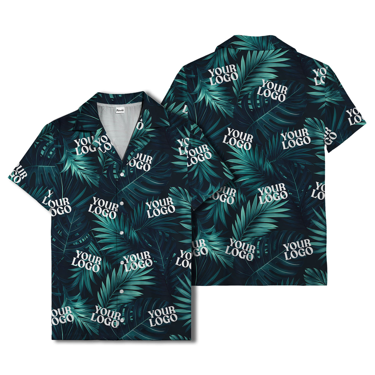 photorealistic palm leaves custom logo navy blue hawaiian shirt