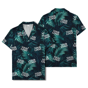 photorealistic palm leaves custom logo navy blue hawaiian shirt