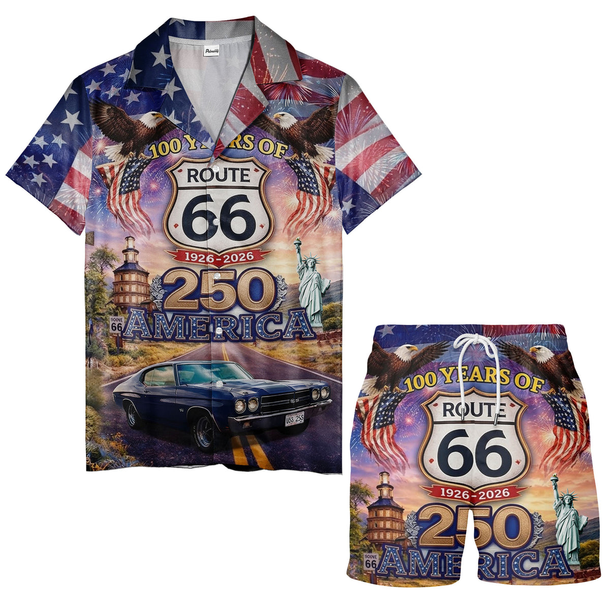 Route 66 USA Patriotic Eagle Firework Classic Car Aloha Button Down Shirt Hawaiian Shirt