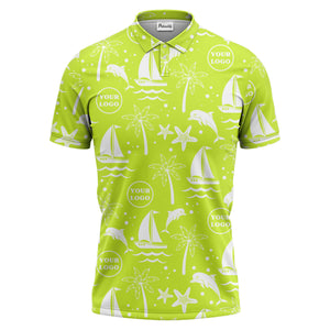 sailboats dolphins palm trees starfish repeat pattern black white polo shirt