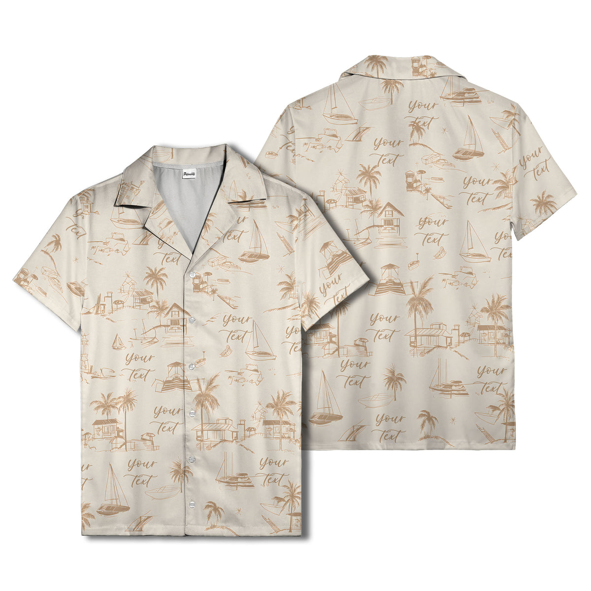 sketch illustrated palm trees & sailboats beach houses hawaiian shirt