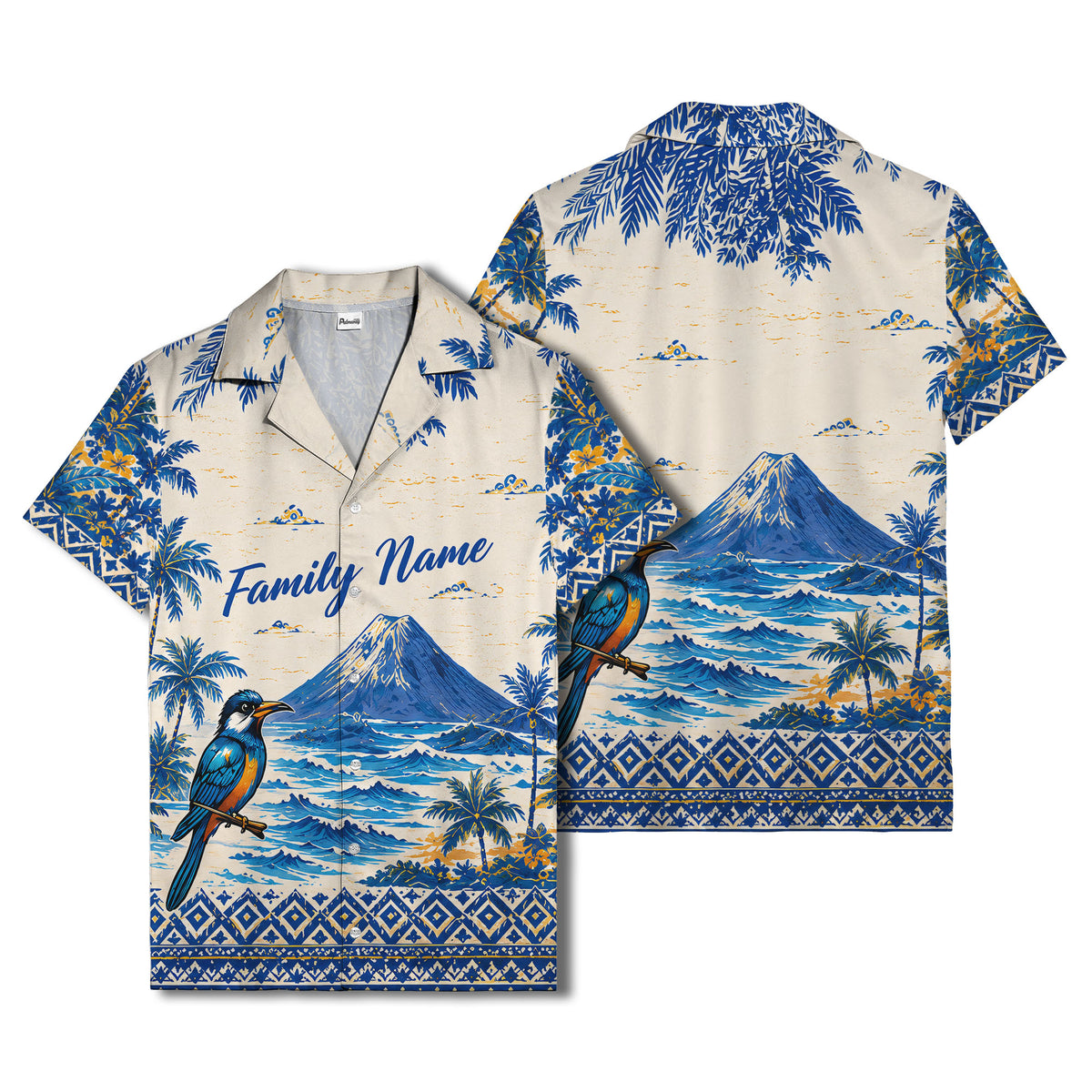 watercolor blue bird soaring over palm trees mountain scene hawaiian shirt