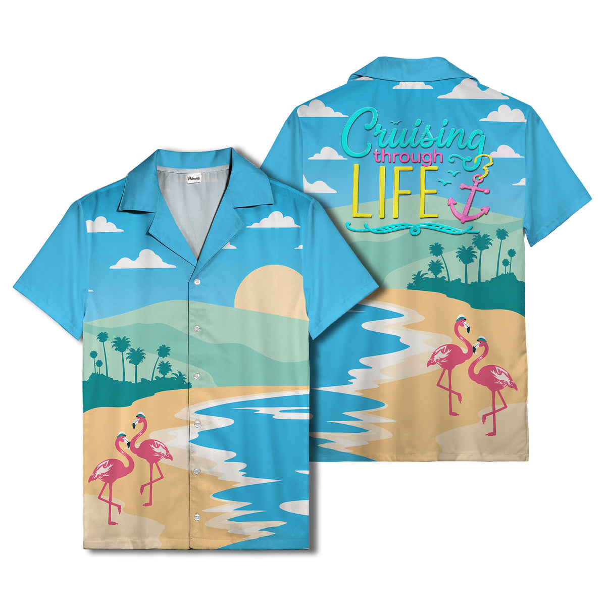 watercolor flamingos at palm sunset hawaiian shirt for beach days
