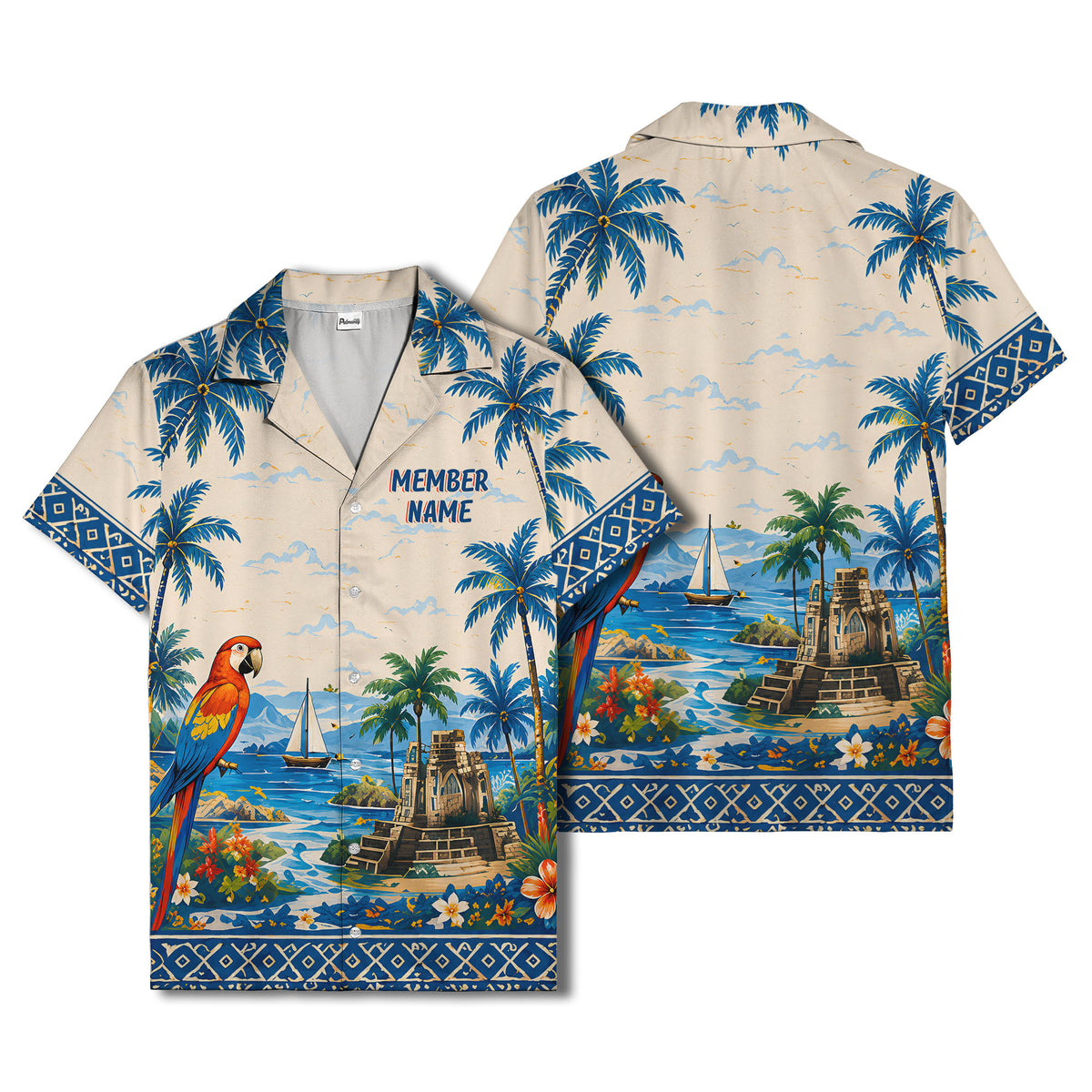 watercolor parrot sailboat castle ruins hawaiian shirt