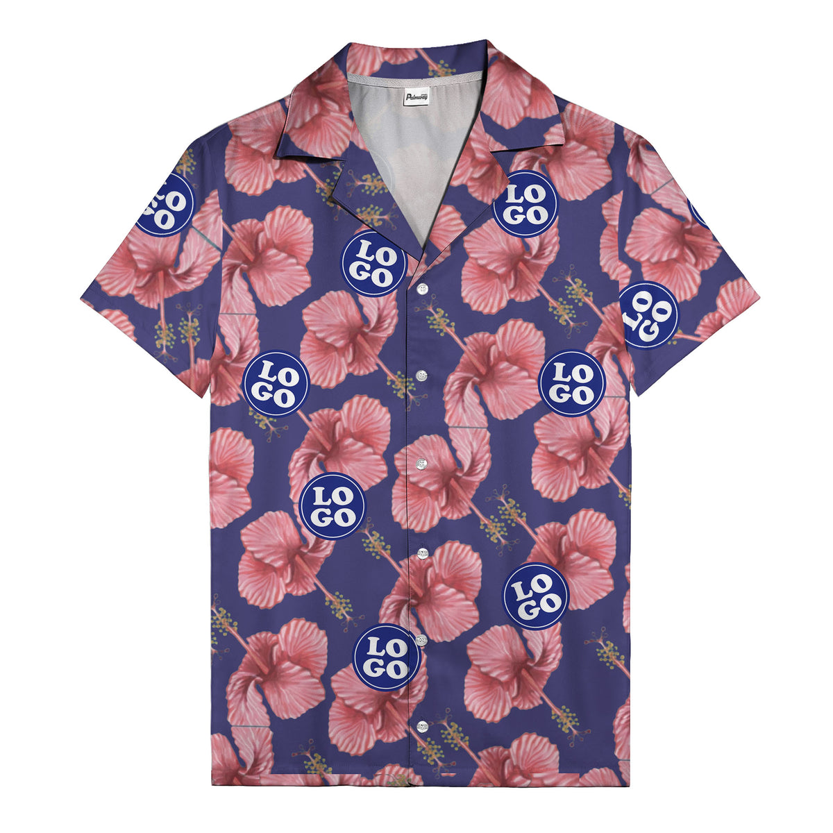 watercolor pink hibiscus & blue logo repeat aloha hawaiian shirt