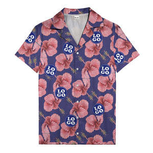 watercolor pink hibiscus & blue logo repeat aloha hawaiian shirt