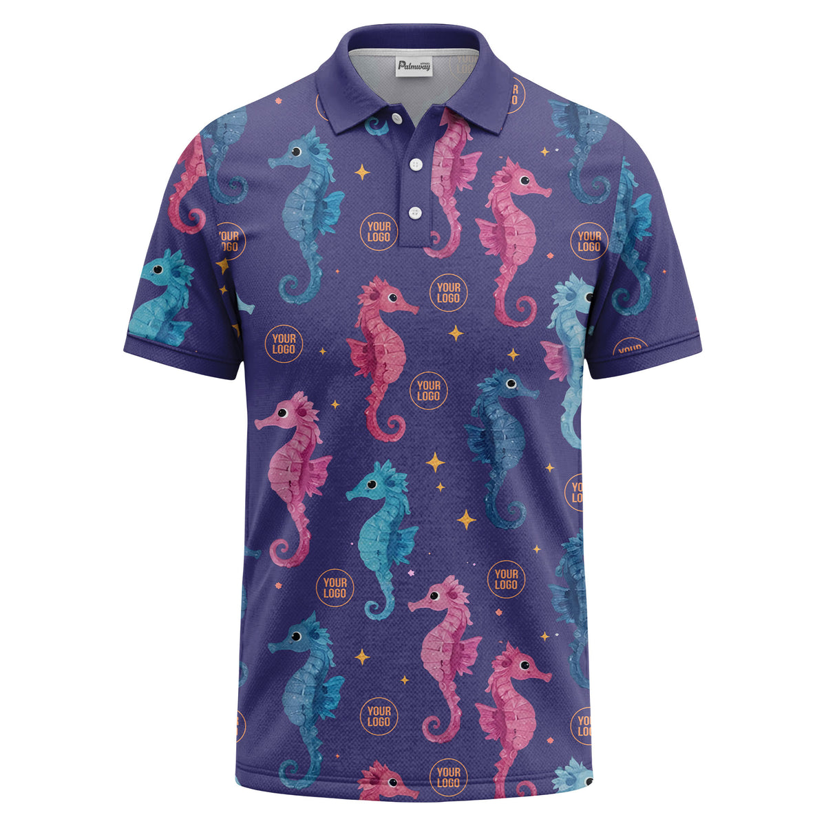 watercolor seahorse repeat marine life polo shirt in pink blue