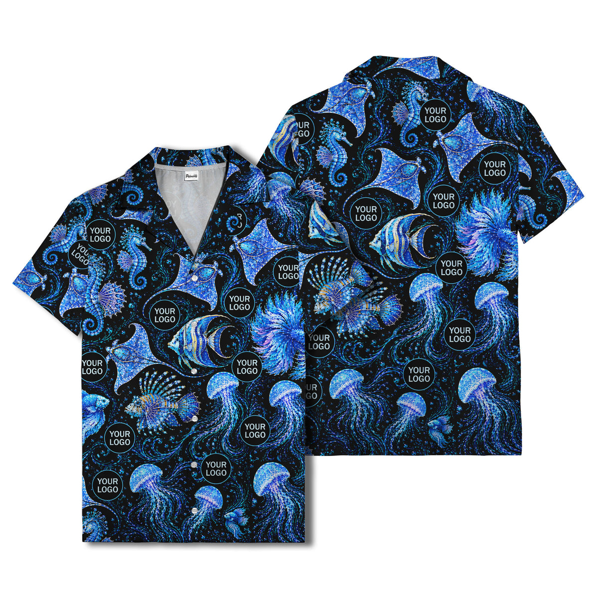 watercolor seahorses jellyfish navy blue hawaiian shirt