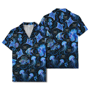 watercolor seahorses jellyfish navy blue hawaiian shirt