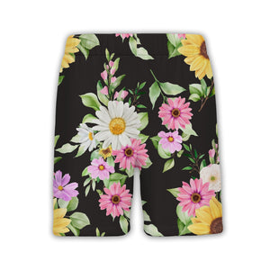 Watercolor Sunflower and Daisy Hawaiian Shirt with Lavender Accents on Black