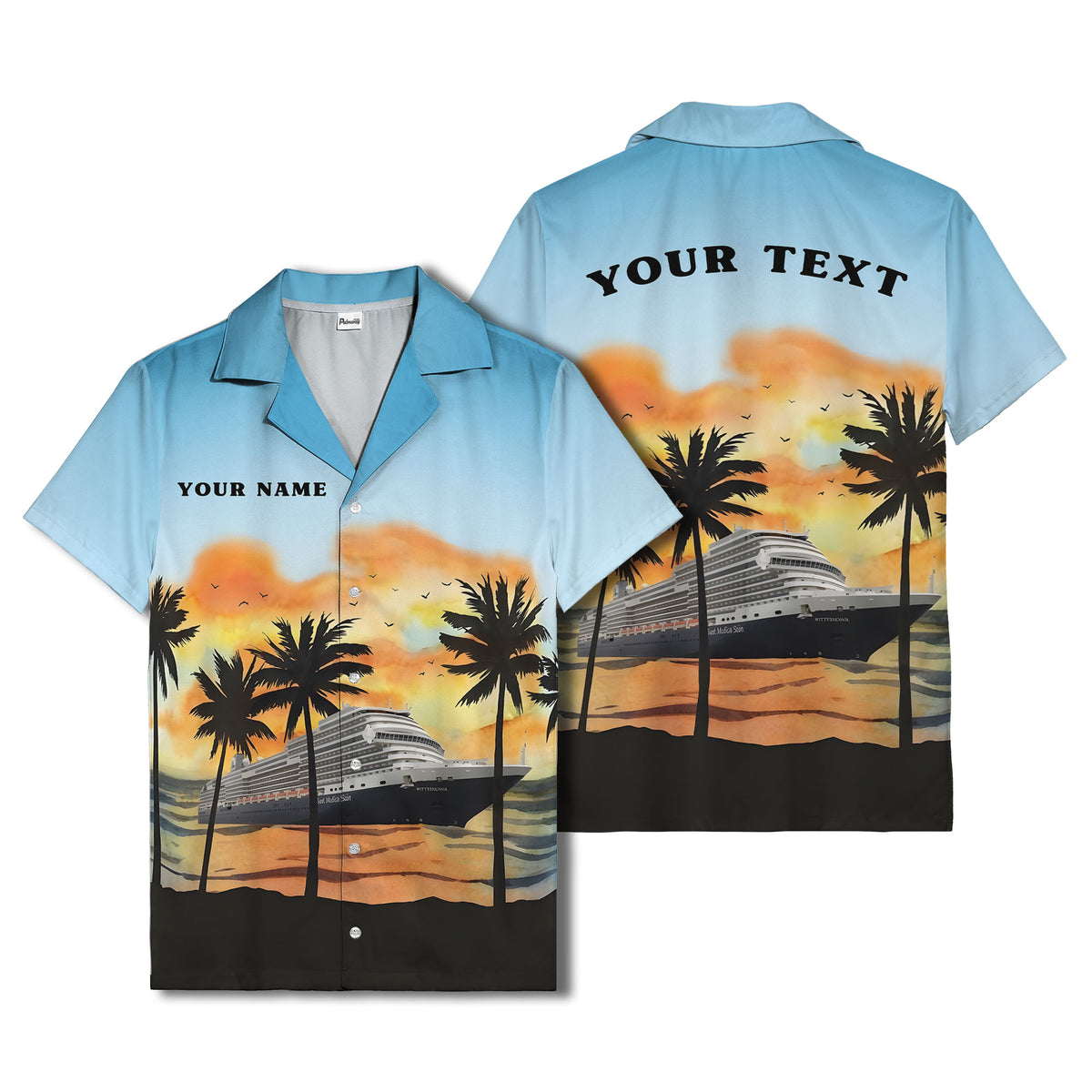 watercolor sunset cruise ship palm trees hawaiian shirt for men