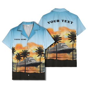 watercolor sunset cruise ship palm trees hawaiian shirt for men