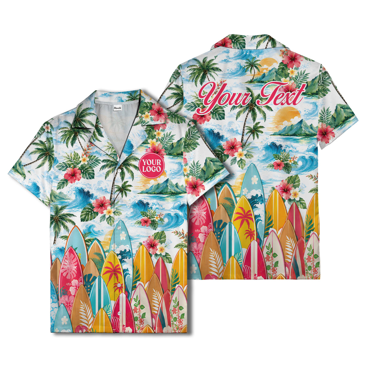 watercolor surfboards palm trees hibiscus hawaiian shirt for men