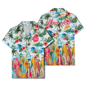 watercolor surfboards palm trees hibiscus hawaiian shirt for men