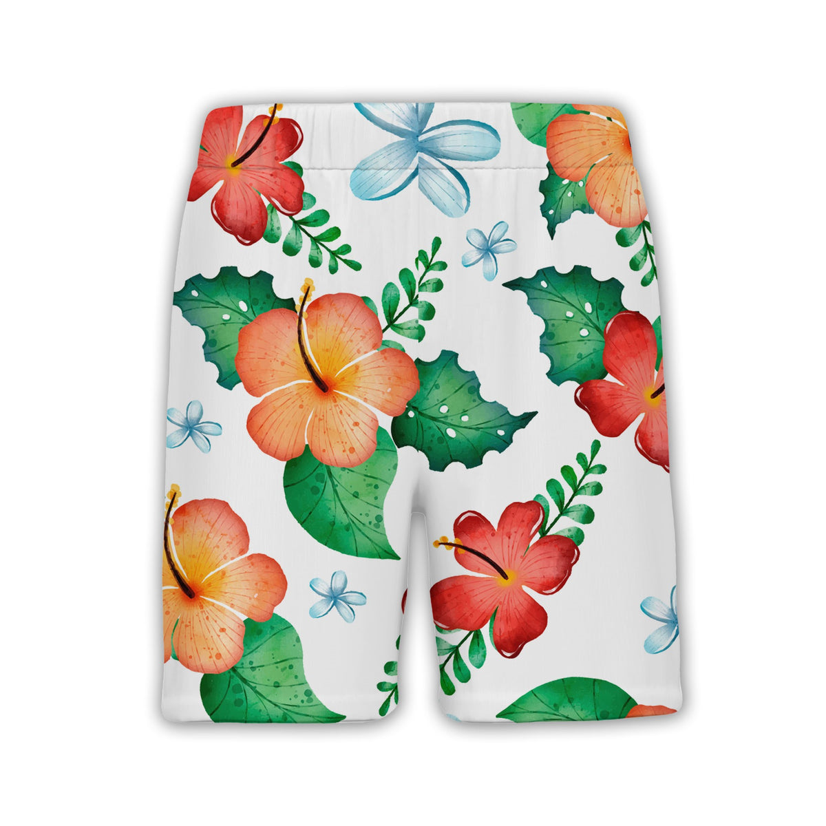 White Watercolor Hibiscus Hawaiian Shirt with Blue Plumeria and Tropical Leaves