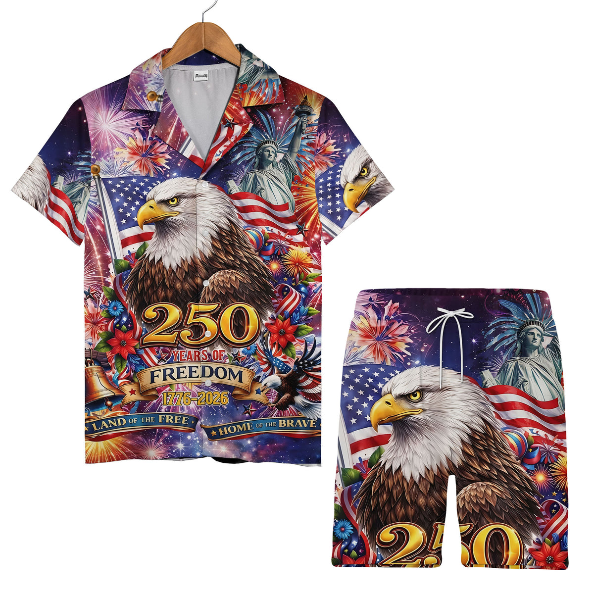 4th of July Celebration Hawaiian Shirt - Eagle Fireworks Liberty Bell & Floral Banner