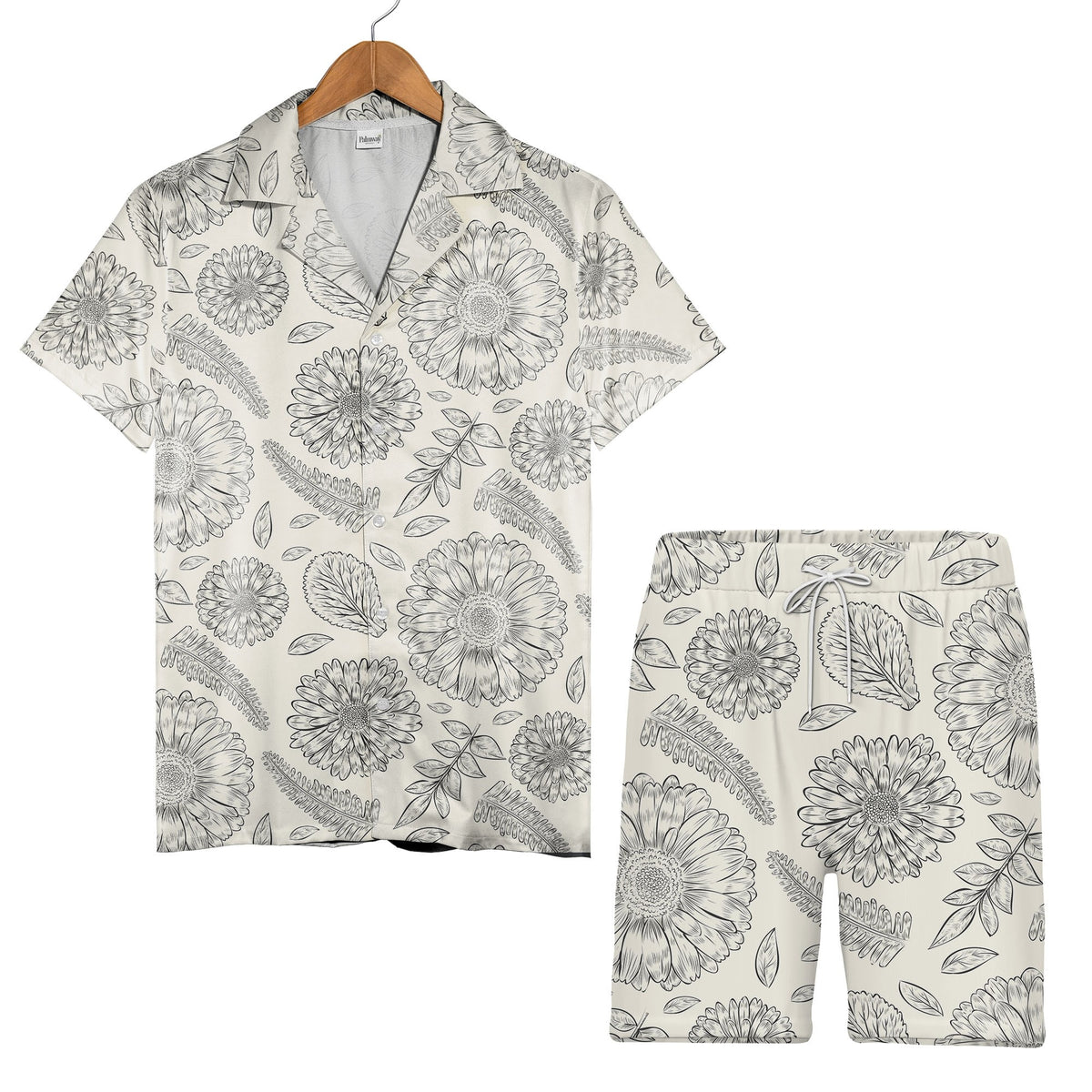 Botanical Line Art Flower Hawaiian Shirt with Fern Fronds Vintage