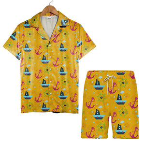Cartoon Nautical Boat & Ship Wheel Hawaiian Shirt – Anchor & Bubble Design