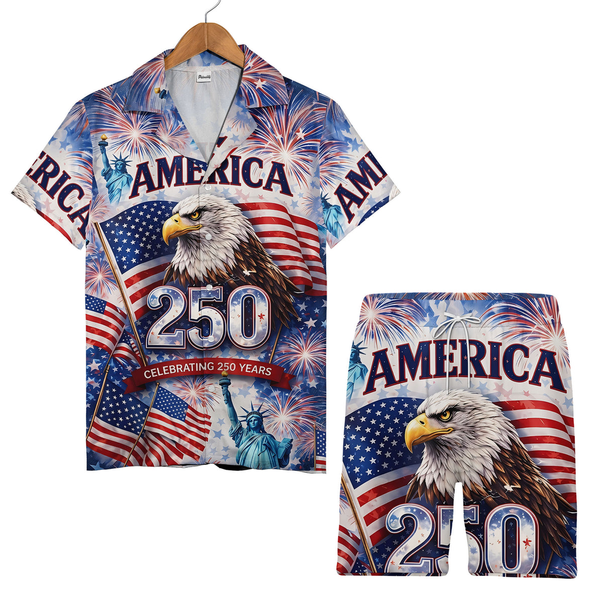Celebrating 250 Years of America Hawaiian Shirt - Eagle Fireworks & Statue of Liberty