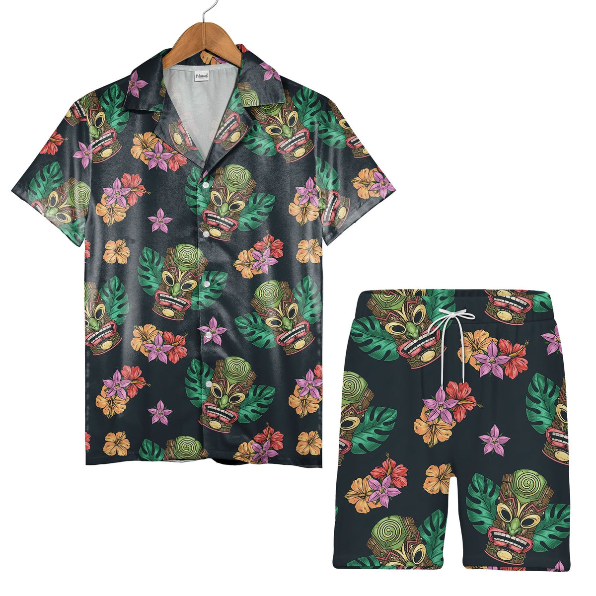 Colorful Tiki Mask Hawaiian Shirt with Hibiscus on Charcoal Grey