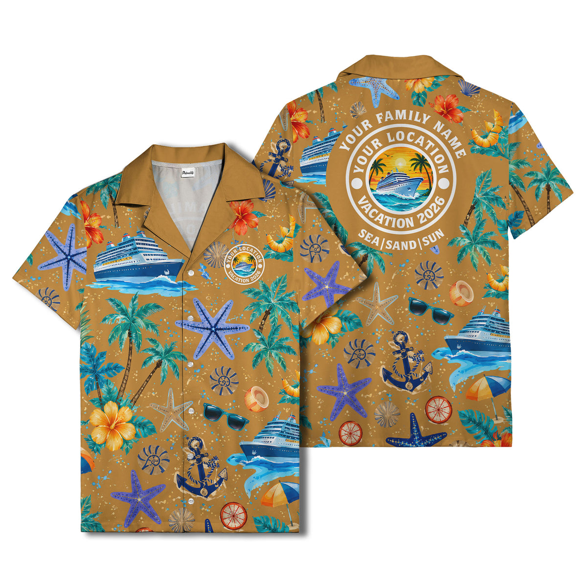 cruise ship palm trees starfish watercolor hawaiian shirt