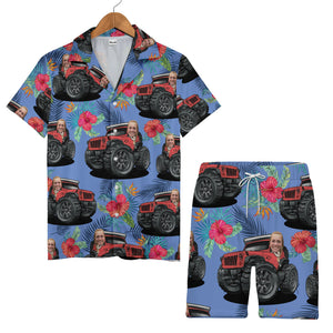 Custom Face Jeep Hibiscus & Palm Leaf Tropical Hawaiian Aloha Button Down Shirt Hawaiian Shirt