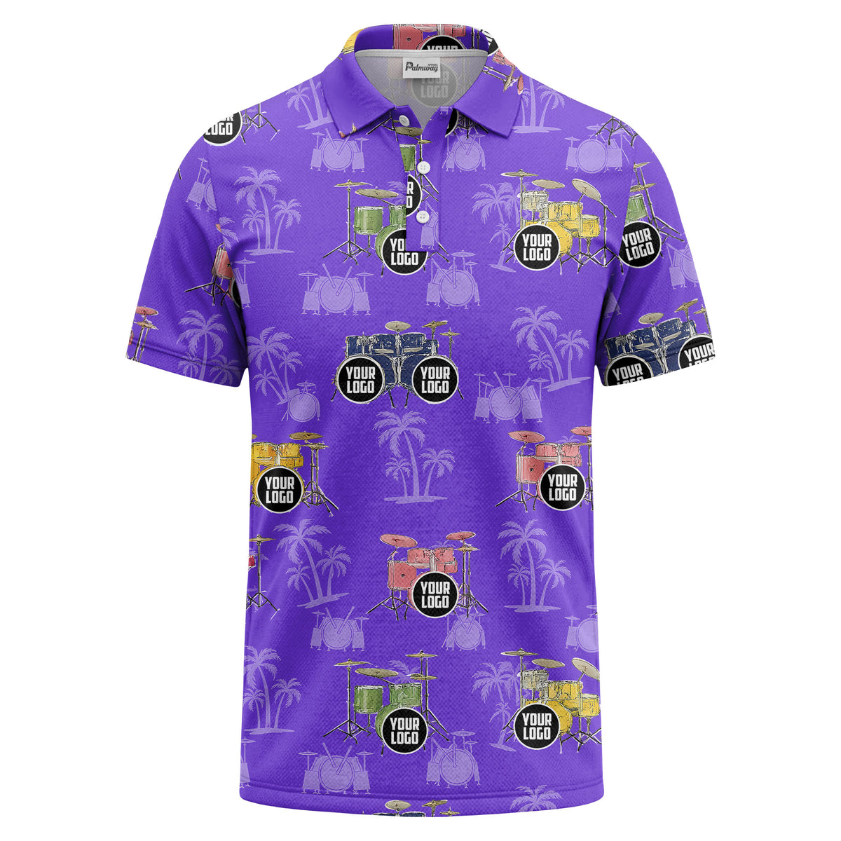 drum kit & palm tree repeat rock band polo shirt for men