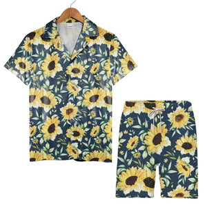 Elegant Watercolor Sunflower Hawaiian Shirt with Buds on Navy Blue