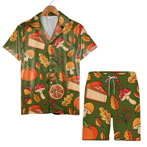 Forest Floor Hawaiian Shirt with Oak Leaves Acorns and Spotted Mushrooms
